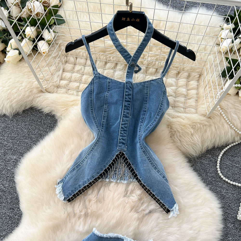 Pure desire hot girl suit women's summer american style silmasymmetrical tassel suspender denim tops + mermaid skirt