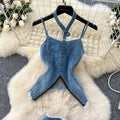 Pure desire hot girl suit women's summer american style silmasymmetrical tassel suspender denim tops + mermaid skirt