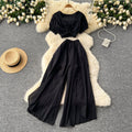 Sense of design scheming pleated v neckshort puff sleeve tops women's two-piece setsummerhigh waist slit loose pants