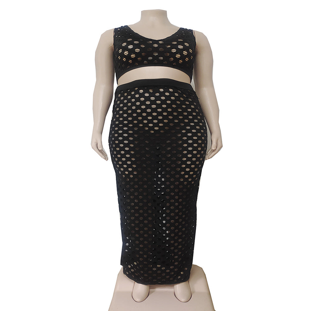 European and american cross-border women's fashion:  summer sexy hollow-out mesh tank top + maxi skirt set