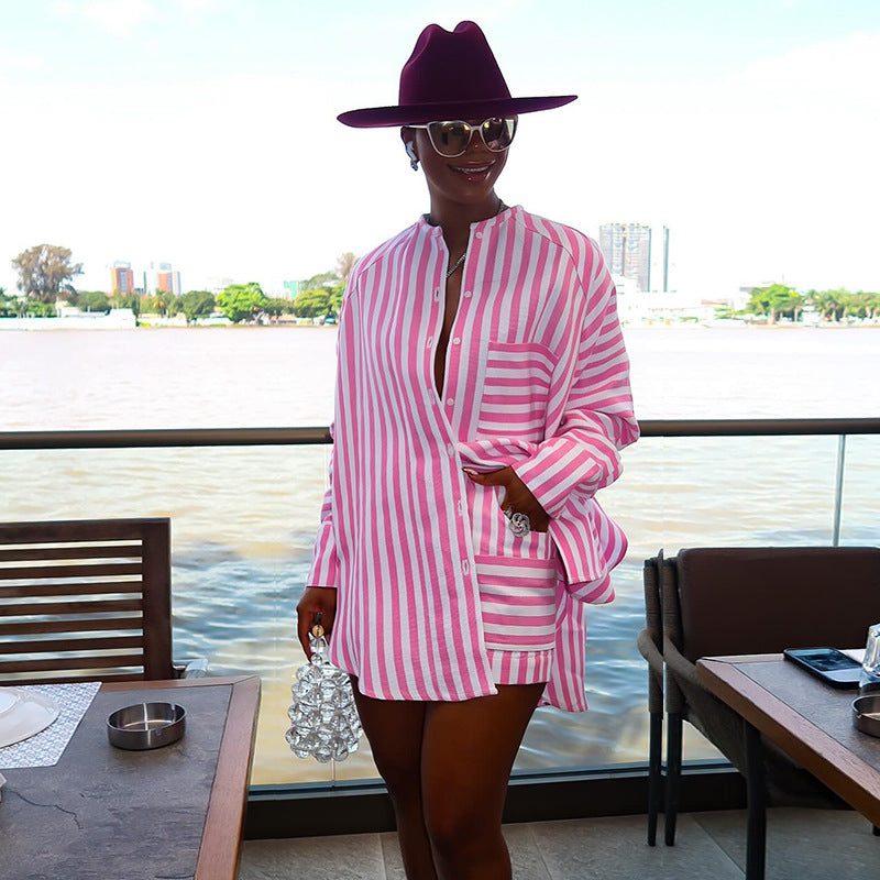European and american cross-border women's fashion:  autumn new collection - striped crew neck long sleeve shirt and wide leg shorts set