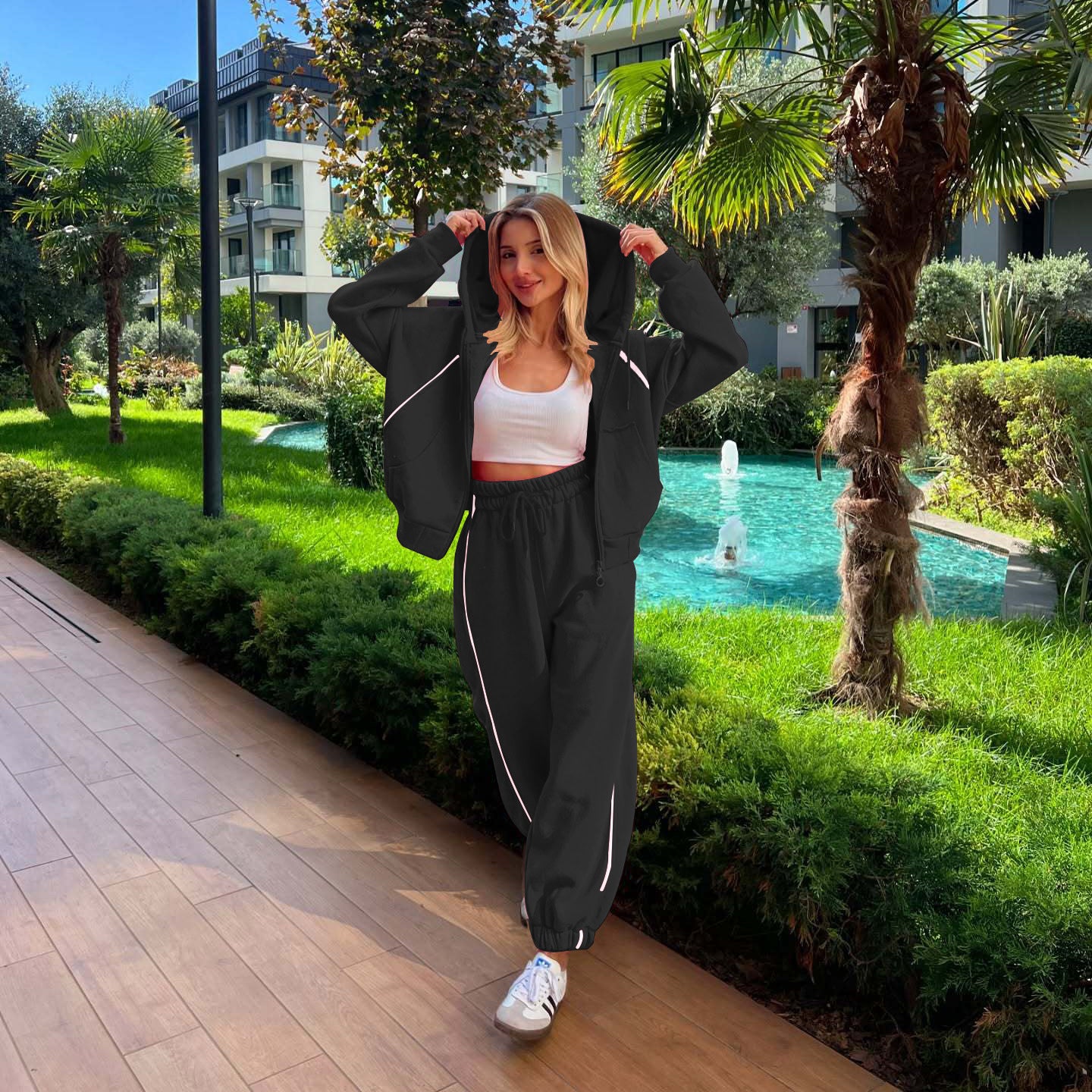 Europe, America,    autumn and winter women's clothing new casual fashion sports striped cardigan hooded pants