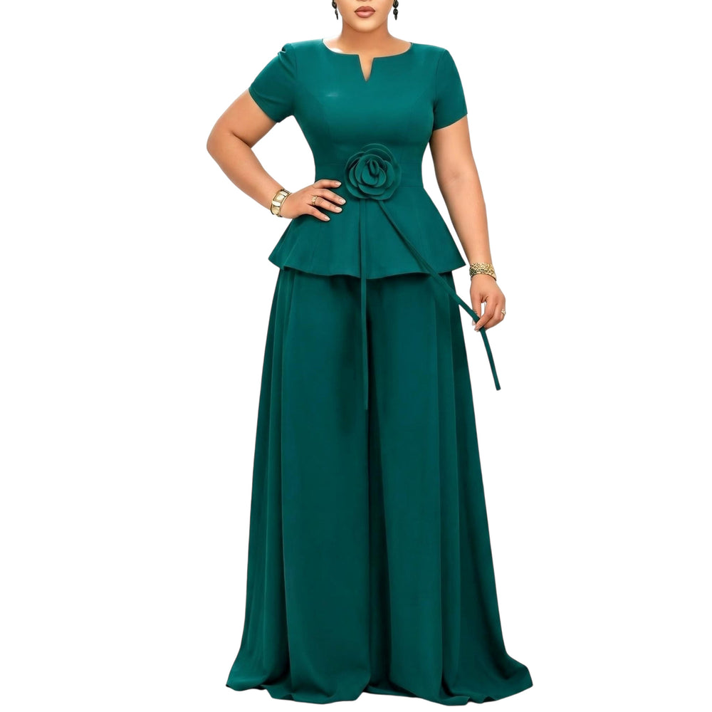 D3371 european and american cross-border summer elegant fashion plus size short sleeve ruffle top casual wide leg pants set