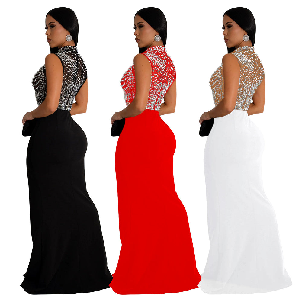 C6913 cross-border   fashion women's solid color mesh rhinestone sleeveless maxi dress