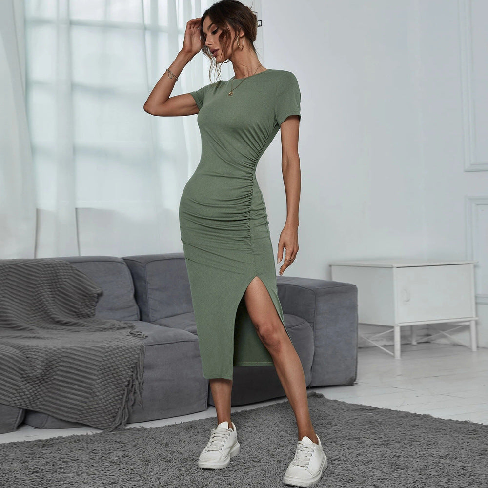 Cross-border 2024 European and American women's clothing  round neck pullover waist split short sleeve hip wrap dress medium and long dress