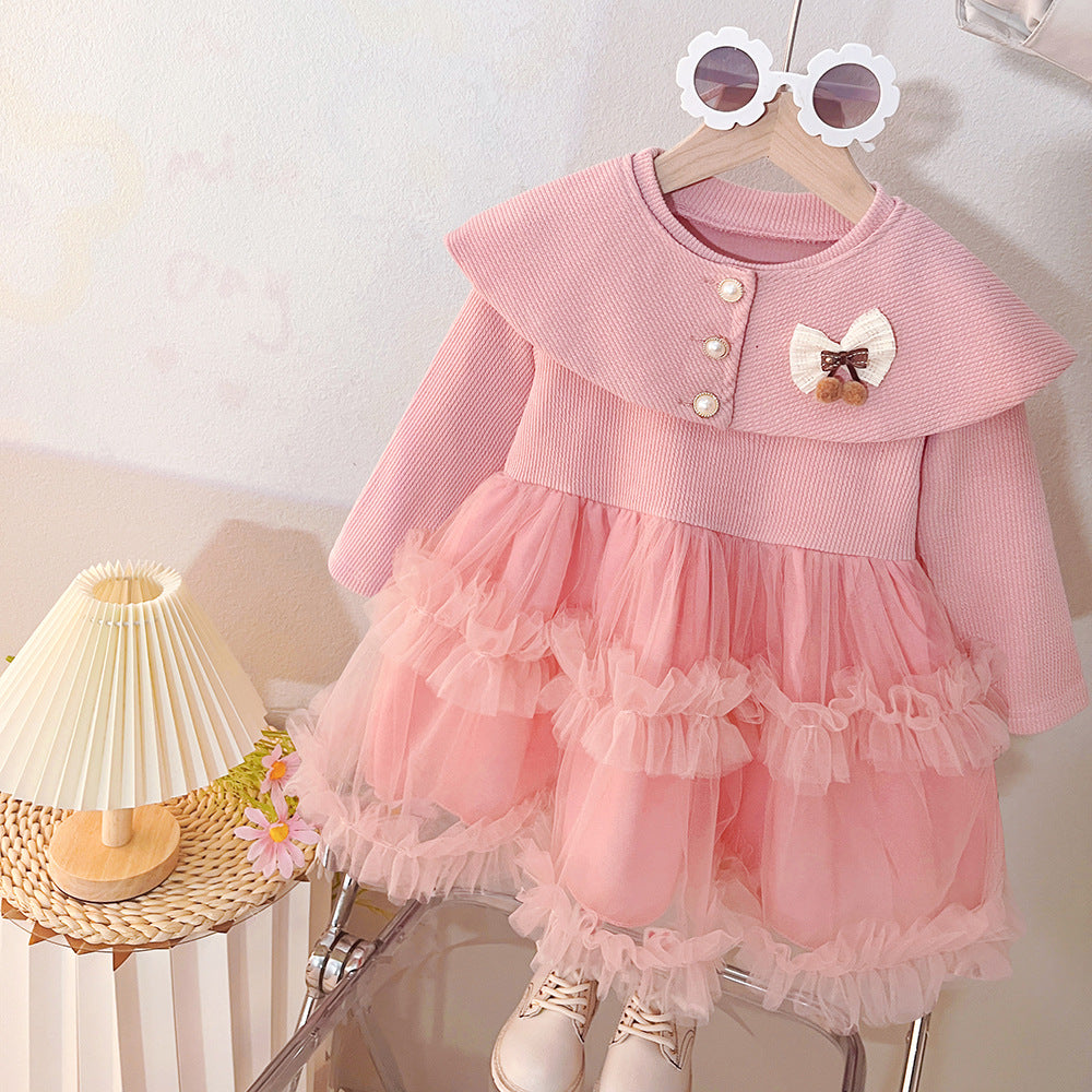 Trendy girls' dress - new spring/autumn collection - kids' baby girl shawl collar tulle princess dress - stylish & chic