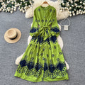 Lightly mature elegance style lantern sleeve printingdress women's springlong sleeves waist tie backa-line mid-length skirt holiday style