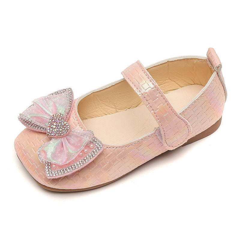 Preppy stylekidsflats square toe springnew arrivalk-style big bowsgirl princess shoes children's leather shoes