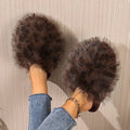 new arrival leopard print long hair toe-warm cotton slippers women's export fluffy large size fur slippers in stock