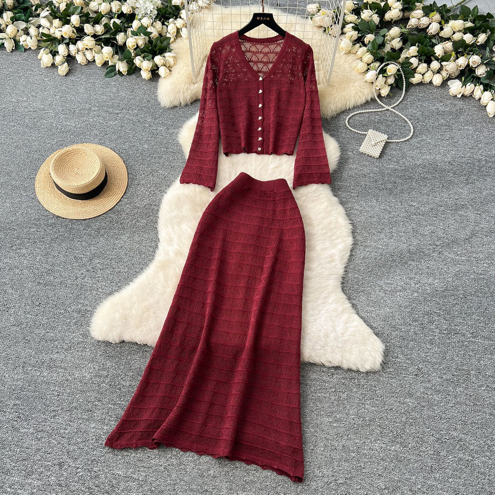 Korean style women's gentle & chic versatile v-neck long sleeve crochet knit cardigan with high-waisted midi skirt set