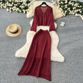 Korean style women's gentle & chic versatile v-neck long sleeve crochet knit cardigan with high-waisted midi skirt set