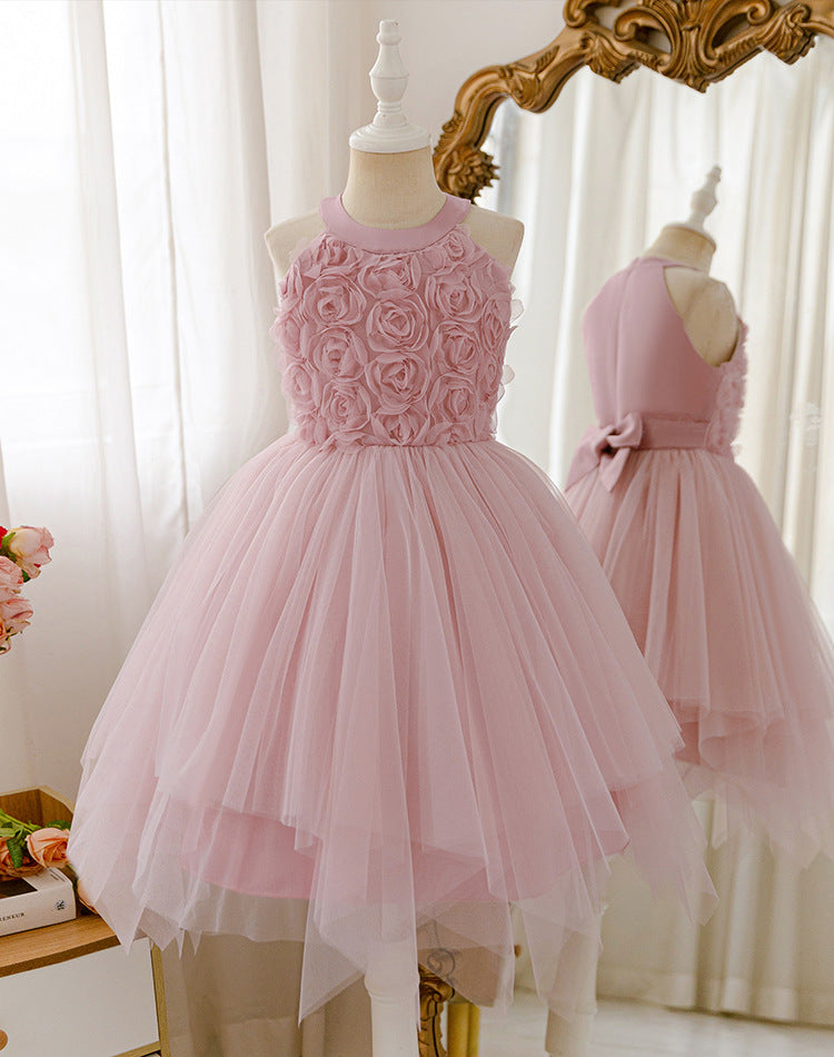Girls' sleeveless halter dress with appliqué mesh overlay - sweet princess style for kids - perfect for export