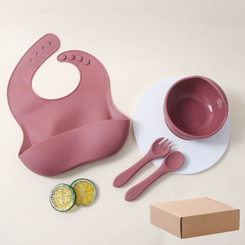 hot-selling silicone tableware suit baby kids bib suction cup bowl fork spoon suit saliva pocket dinner plate suit