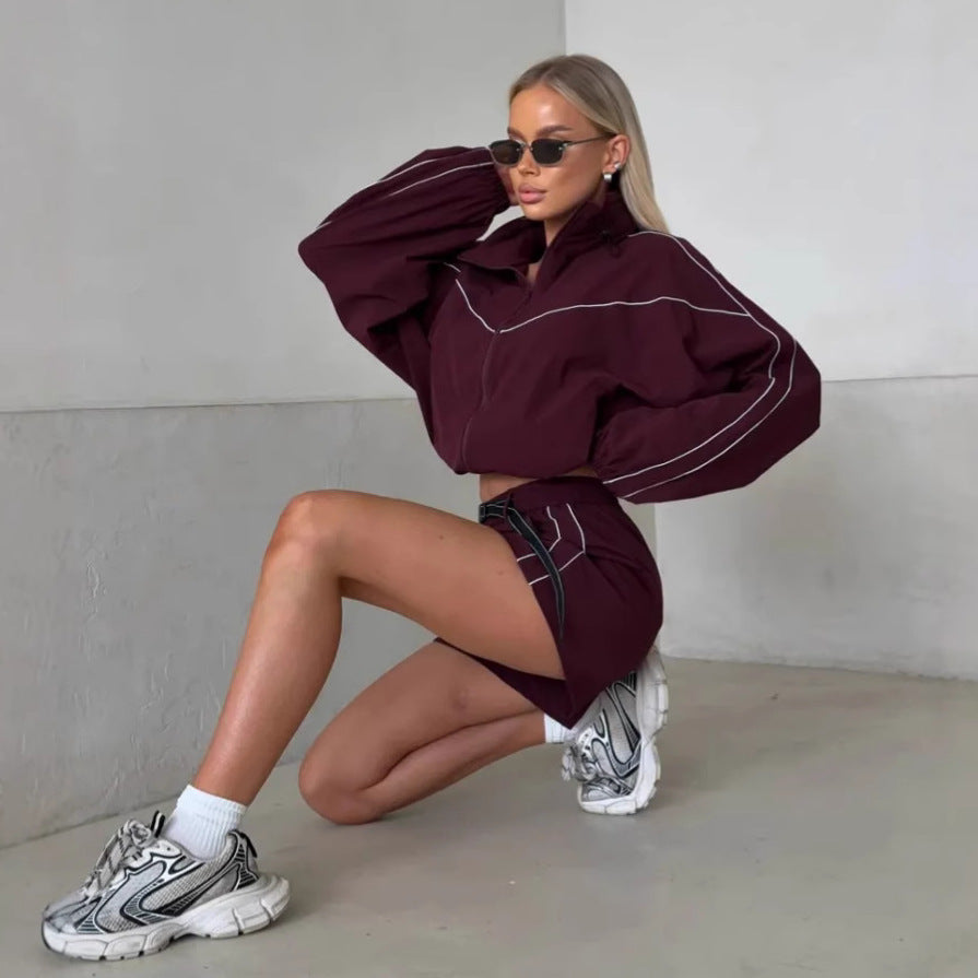 European and American  summer casual shorts set solid color long-sleeved zipper cardigan elastic shorts line two-piece set