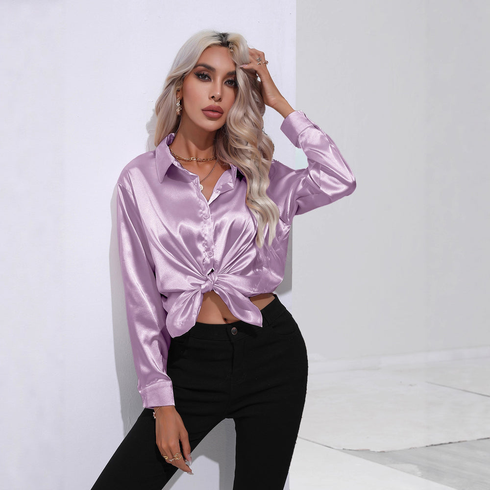 Hot-selling real shot: women's satin shirt - faux silk long sleeve blouse, new spring/summer collection, european & american cross-border women's fashion
