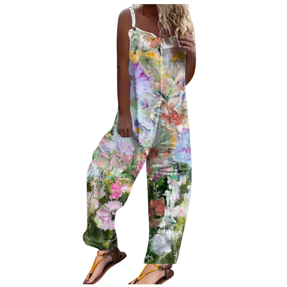 bamboo linen print fashion cami one-shoulder loose fit sleeveless harem jumpsuit casual pants