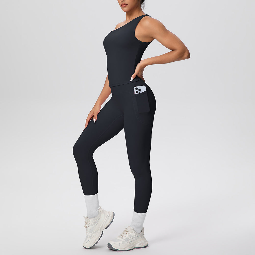 New arrival: cross-border brushed microfiber seamless tank top & leggings set - pocketed activewear for running, fitness, and yoga (two-piece)