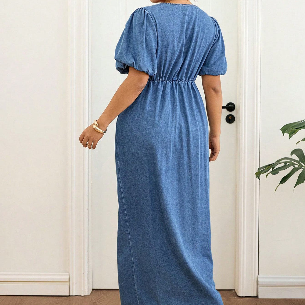 new arrival: plus size women's bubble sleeve, tie-front, slit maxi denim dress - perfect for , , and european & american markets