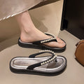 Sparkling rhinestone pearl flip-flops: 2025 fashionable new style, outdoor wear, summer anti-slip platform sandals, thick sole beach slippers