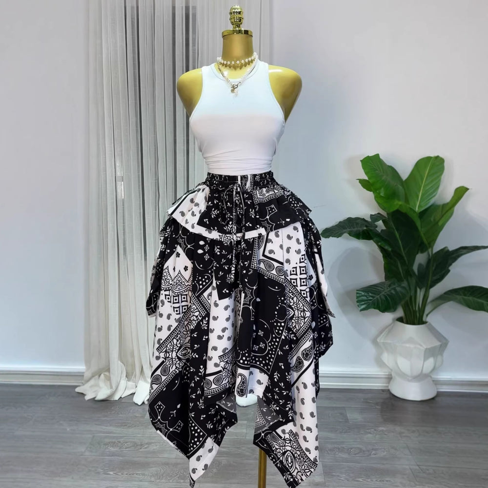 European and american cross-border women's fashion:  summer new arrival - high-waisted, slimming, elastic waist, tie-waist, asymmetrical plaid midi skirt