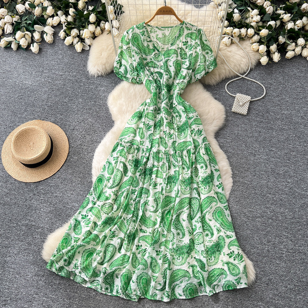 French retro v-neck short sleeve printed dress - women's summer european & american style korean slimming a-line maxi dress