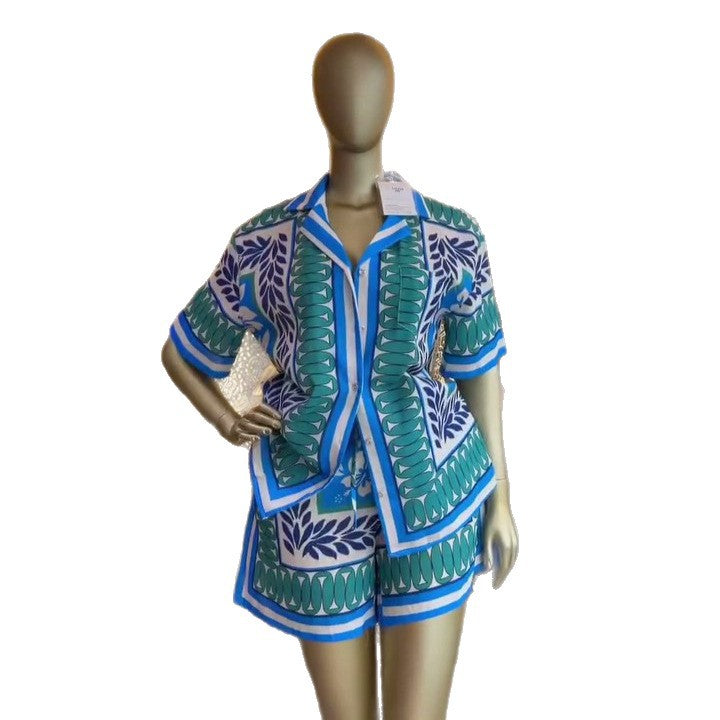 European and american cross-border women's clothing  summer new collection: casual vacation style printed loose-fit shirt and high-waisted shorts set