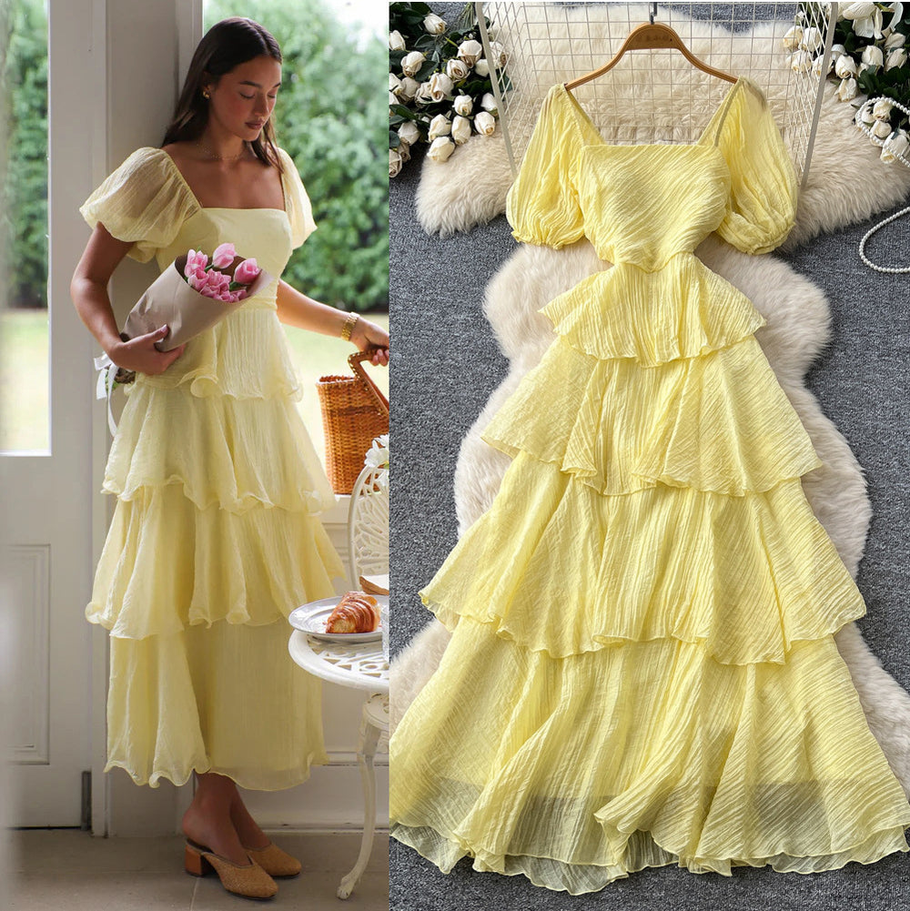 French riviera style puff sleeve square neck dress - women's summer slimming a-line maxi dress with tiered ruffle hem