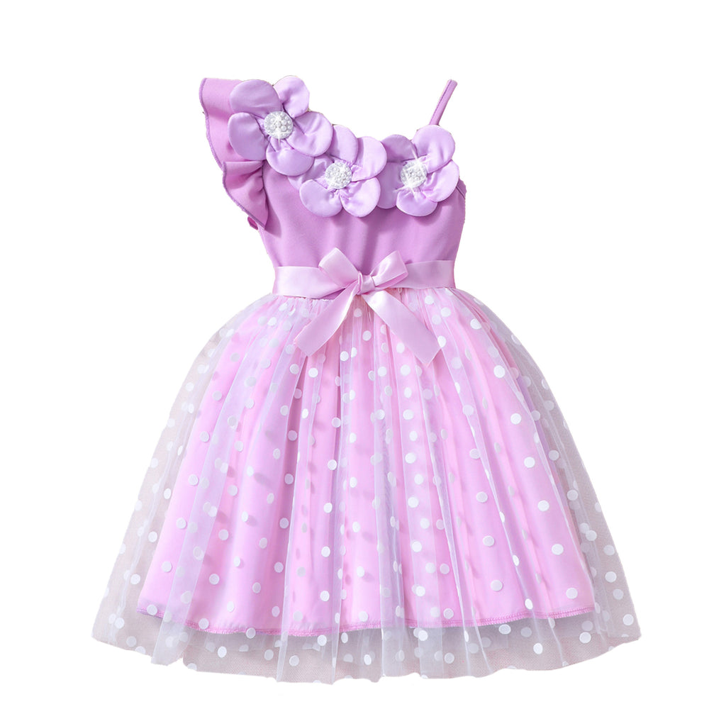 Girls' dress for toddlers and young children, 3d floral appliqué polka dot mesh dress