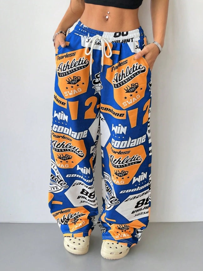 Ready-to-ship  spring/summer european and american women's fashion: new hot girl style pocket streetwear printed loose fit casual pants