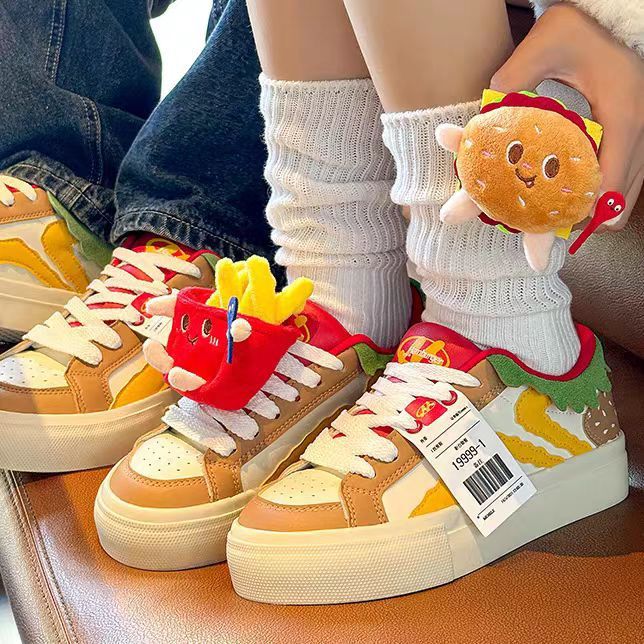 Girls' burger shoes -  spring/autumn niche original bread-shaped kids' shoes - versatile casual chunky sole cute three-color sneakers