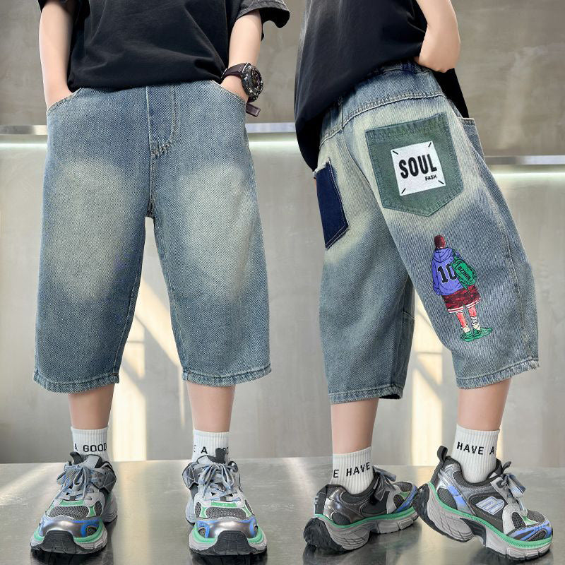 Boys' mid-length shorts - summer  new collection - kids' 5-inch shorts - big & tall boys' denim shorts - printed design