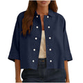 cross-border  solid color cotton linen double-breasted cropped short-sleeve cardigan shirt women's top blouse