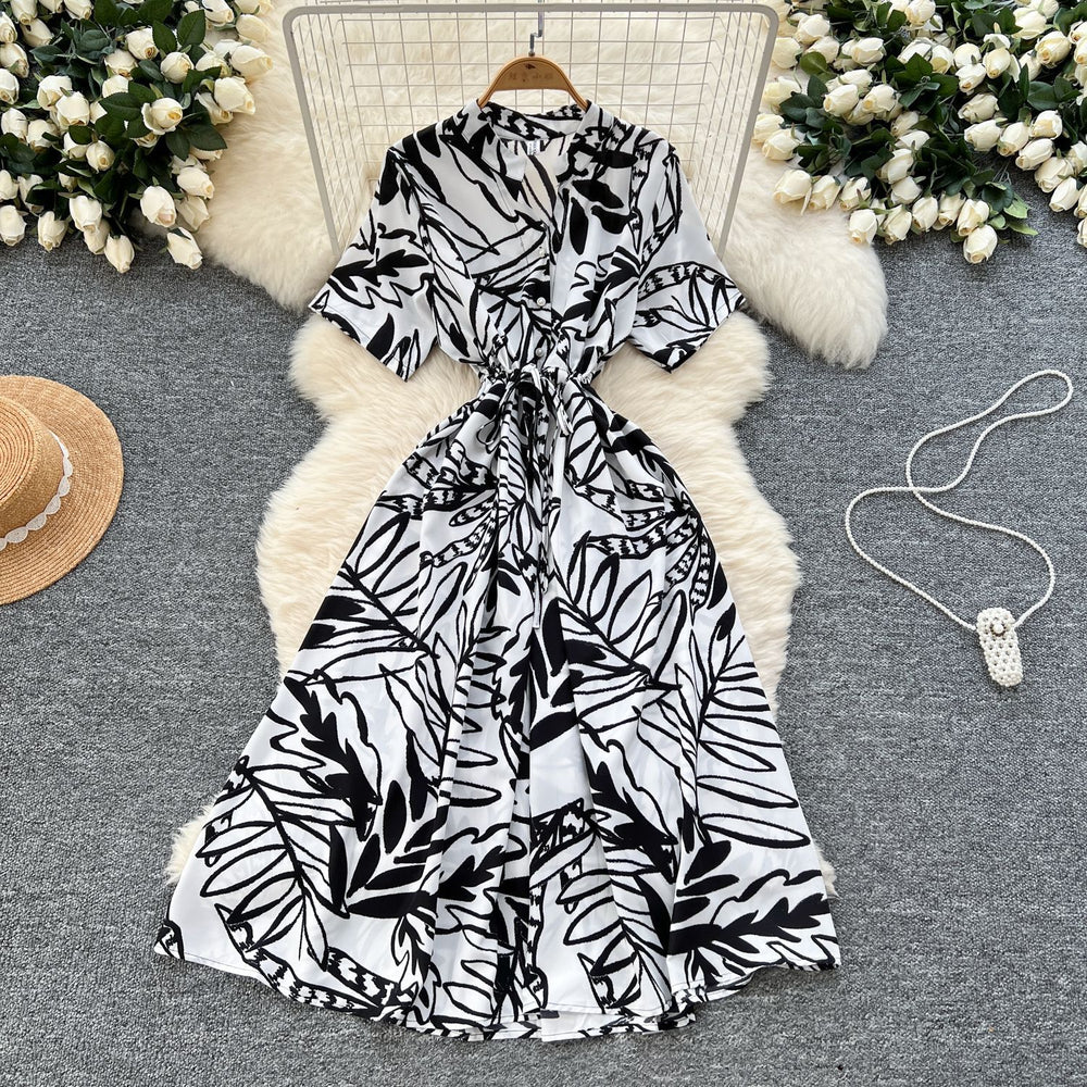Frenchretrosense of design strappy waist short-sleeved printingdress women's summerslimming lookelegant large swing long skirt
