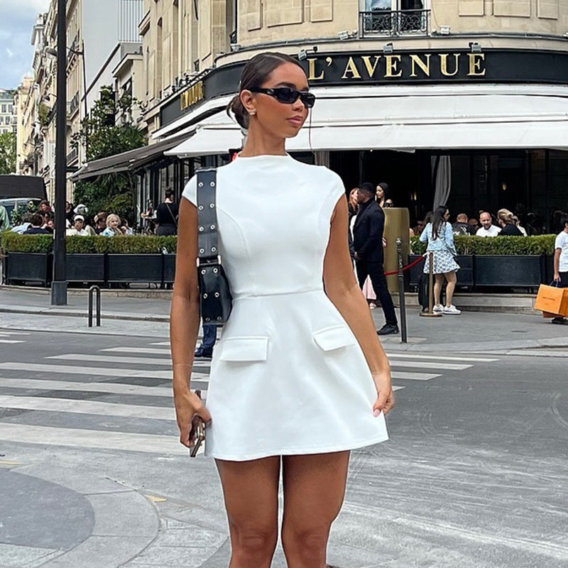 European and American ins  women's clothing solid color dress round neck pullover sleeveless waist pocket decorative temperament dress