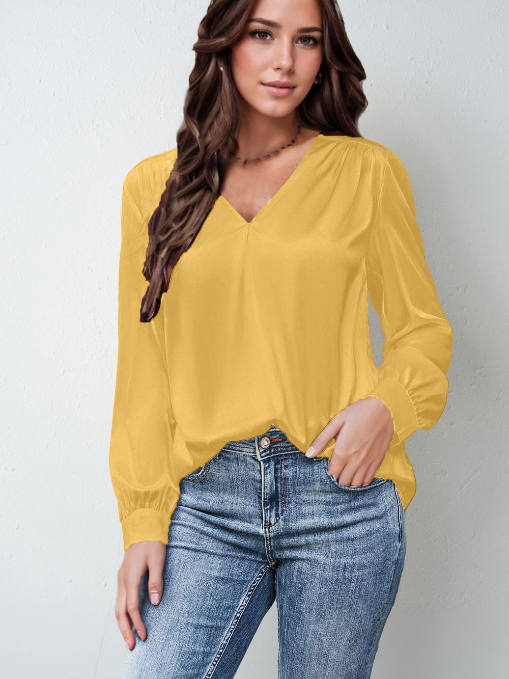 hot-selling women's satin ruched long sleeve top - v-neck casual loose satin commute blouse
