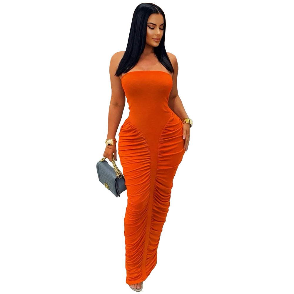 C7669 cross-border   fashion women's sexy bandeau solid color bodycon pleated dress