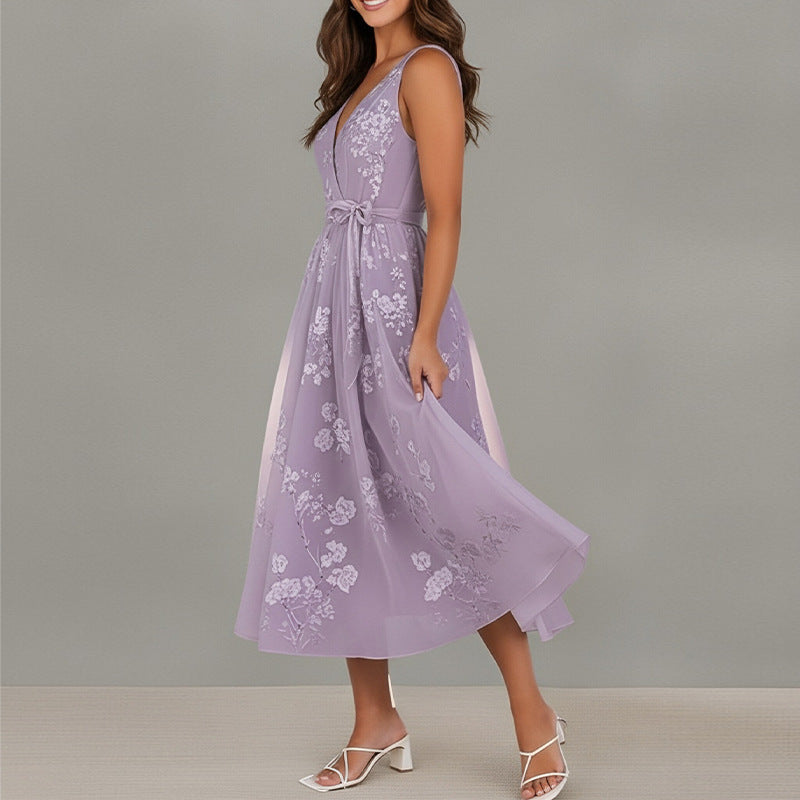 women's summer maxi dress - cross-border european & american style - elegant printed waist-tie dress