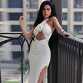 European and american style women's foreign trade dress - hollow-out, fashionable slit, pleated, backless, bodycon, criss-cross halter neck, solid color maxi dress