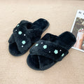 2024 new korean style floral plush slippers for women, autumn/winter home indoor flat pearl cross wooden floor fuzzy slippers