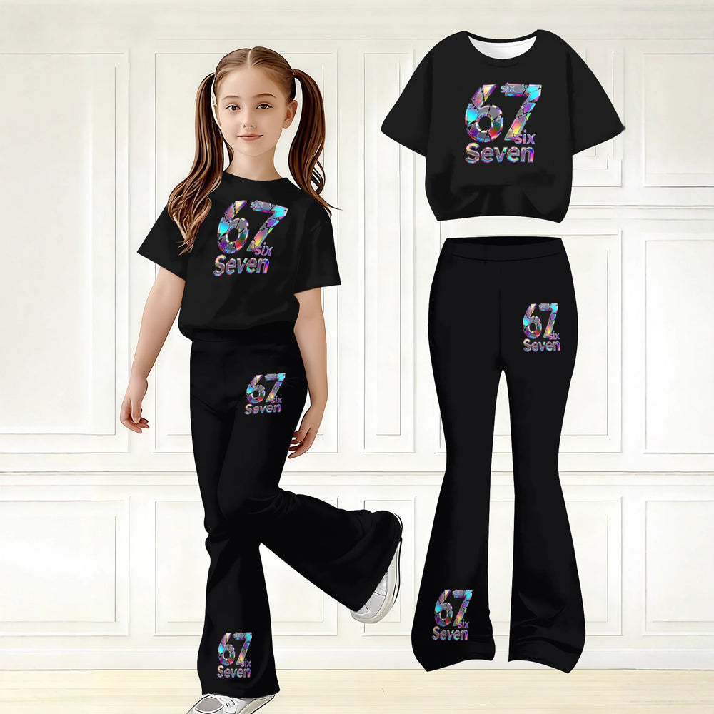 wholesale girls' flared pants set, fashionable spring, summer, and autumn 67 number short-sleeved long flared pants set for girls