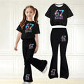 wholesale girls' flared pants set, fashionable spring, summer, and autumn 67 number short-sleeved long flared pants set for girls