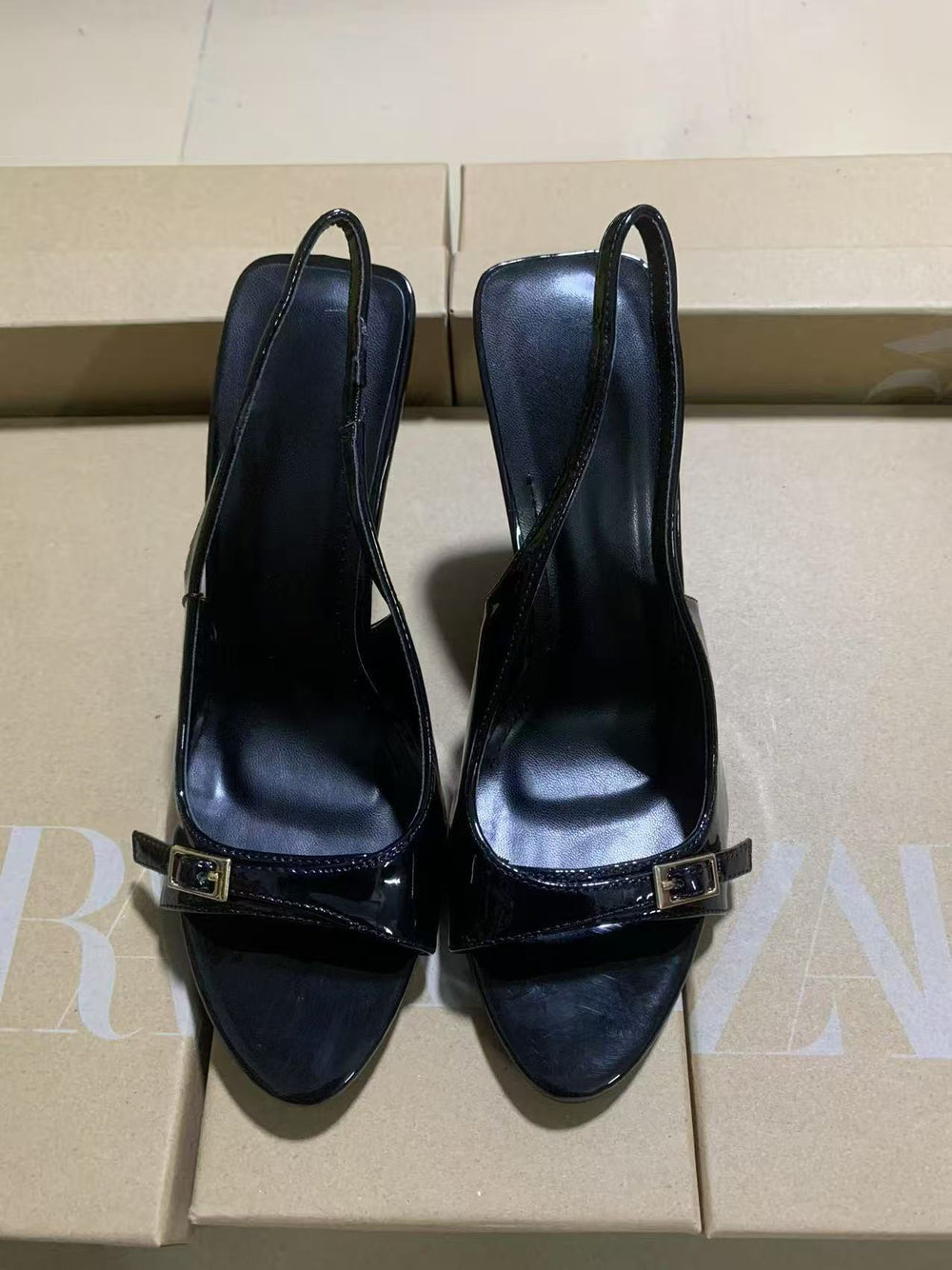Za's 2025 spring new arrivals: burgundy and black women's patent leather peep-toe pumps with buckled ankle strap and stiletto heel