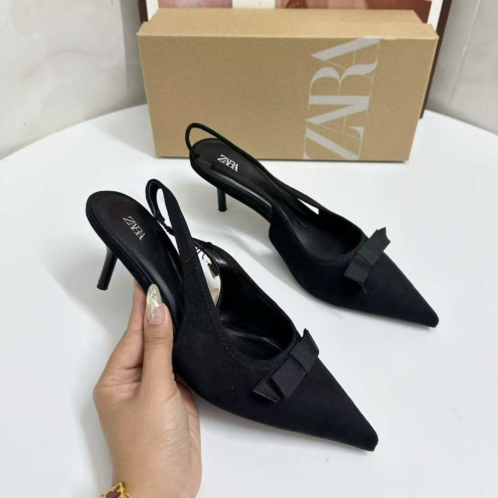 Za2025autum new product black fabric bows open heel high heel mules pointed toe flats back strap flats