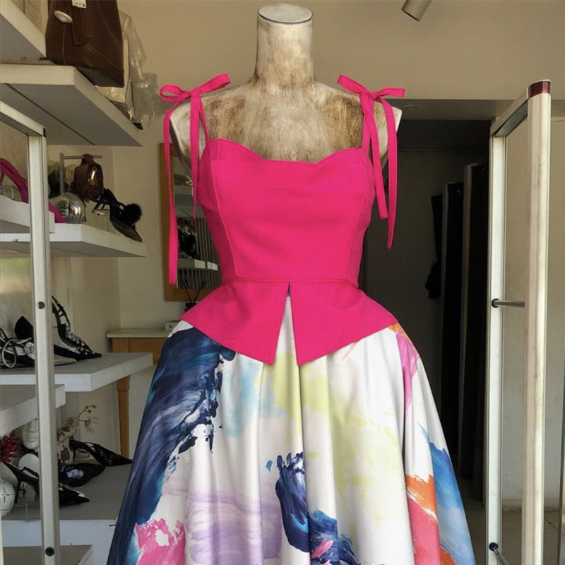 European and american cross-border women's fashion:  spring new arrival - elegant bowknot camisole top and printed flared midi skirt set