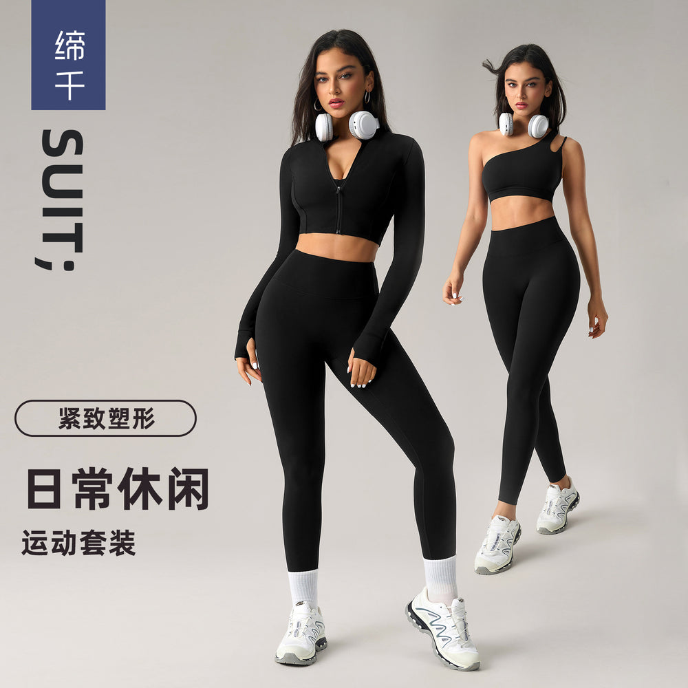 Fashion cross-border nude long sleeves yoga fitness suit women's back sports intimateshigh waist hip lifting tight nine-point pants