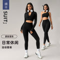 Fashion cross-border nude long sleeves yoga fitness suit women's back sports intimateshigh waist hip lifting tight nine-point pants