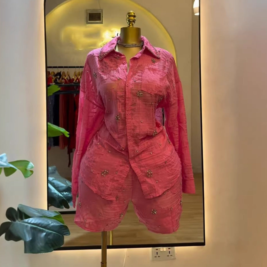 European and american cross-border women's fashion:  summer new arrival - chic and elegant pink diamond-embellished long-sleeve blouse and shorts set