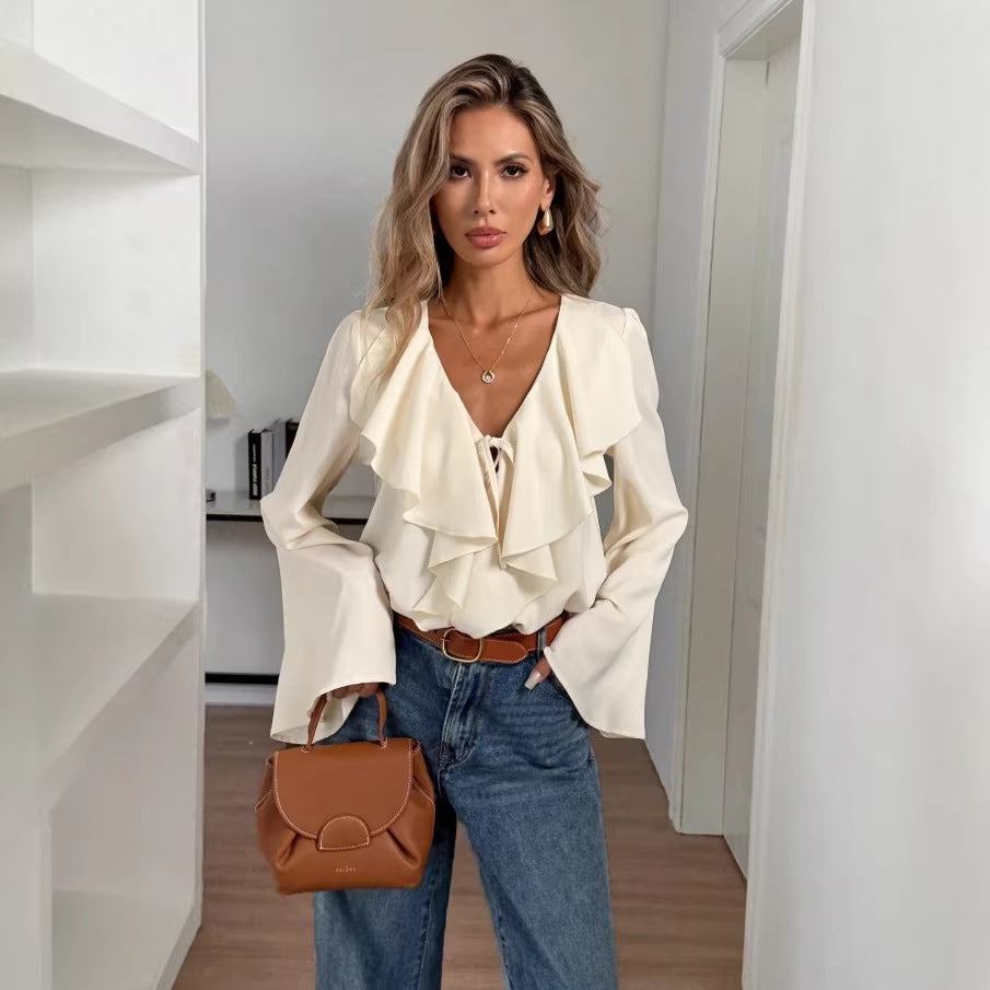 spring new arrivals: european & american style women's solid color blouse - sweet, gentle, v-neck, ruffle trim, slim fit, and figure-flattering
