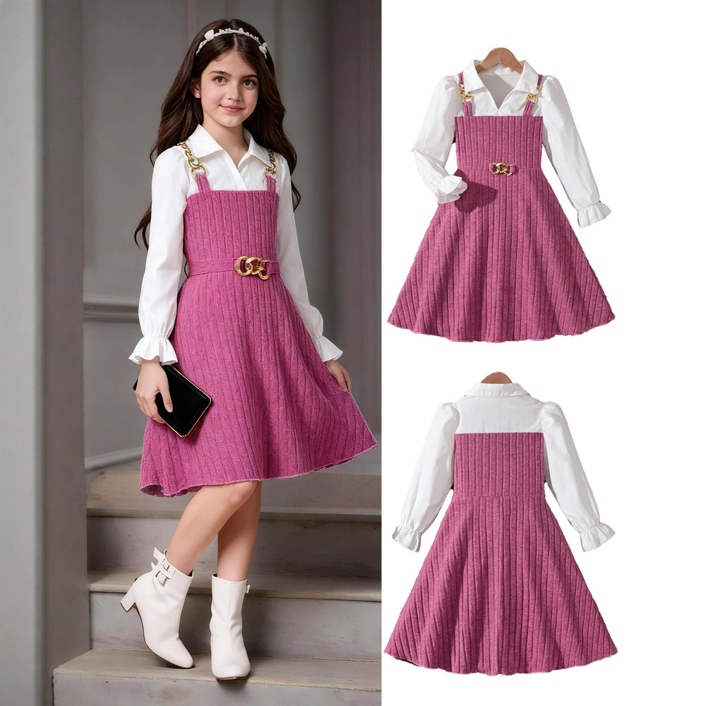Girls' patchwork dress -  autumn collection - pink striped princess dress - stylish long sleeve children's dress