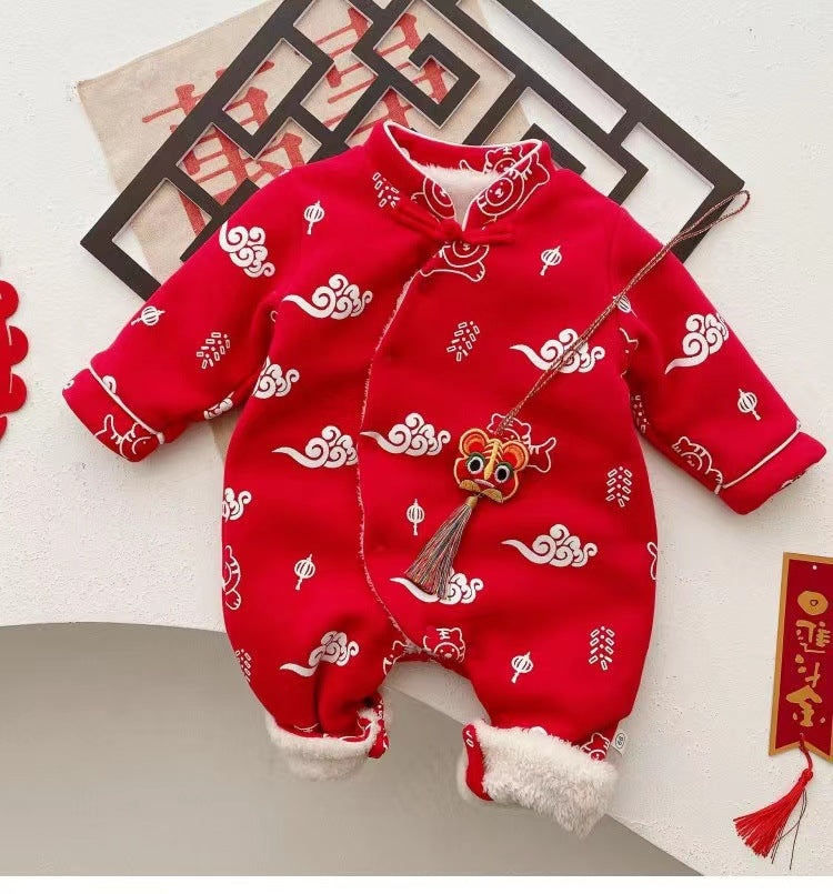 Newborn & infant autumn/winter warm rompers - fleece-lined bodysuits for baby boys & girls - perfect for outdoor wear, full month celebration, and 100-day celebration - trendy styles available